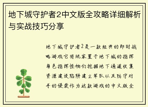 地下城守护者2中文版全攻略详细解析与实战技巧分享